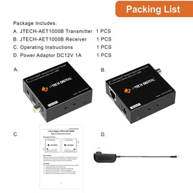 J-Tech Digital AET1000B package contents include transmitter, receiver, and cables.