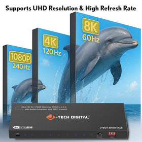 J-Tech Digital HDMI audio extraction outputs optical and 3.5mm for integrated sound.