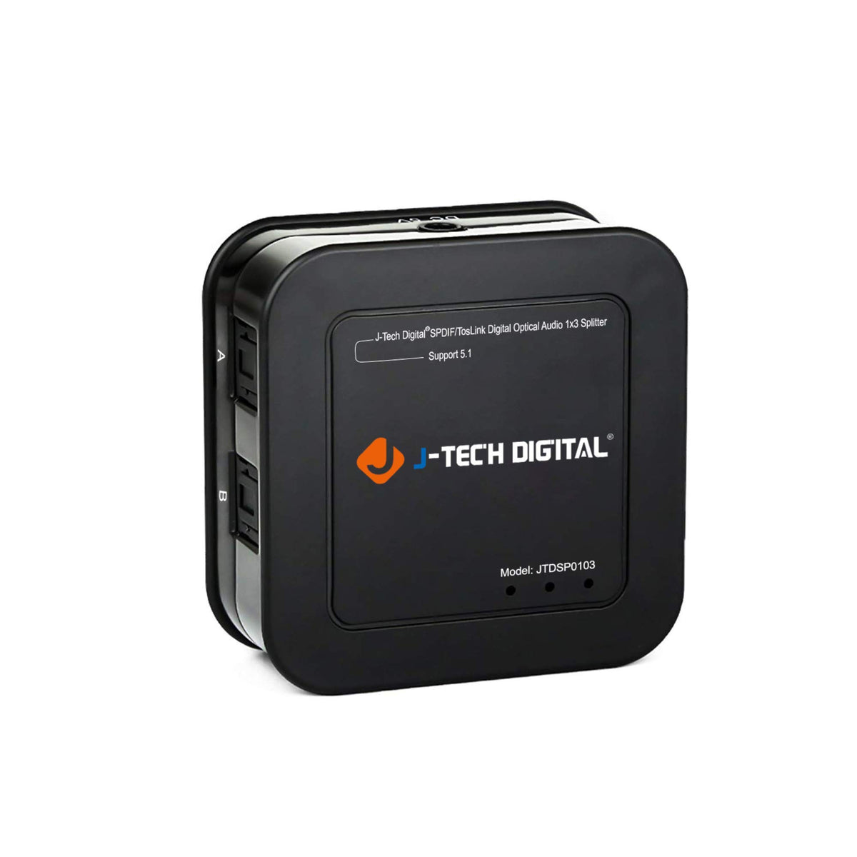 J-Tech Digital optical splitter 1x3 out front view distributing audio to multiple devices.
