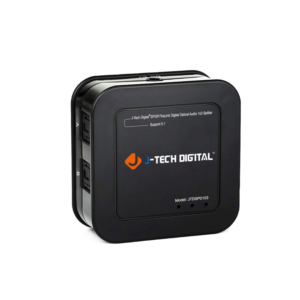 J-Tech Digital optical splitter 1x3 out front view distributing audio to multiple devices.