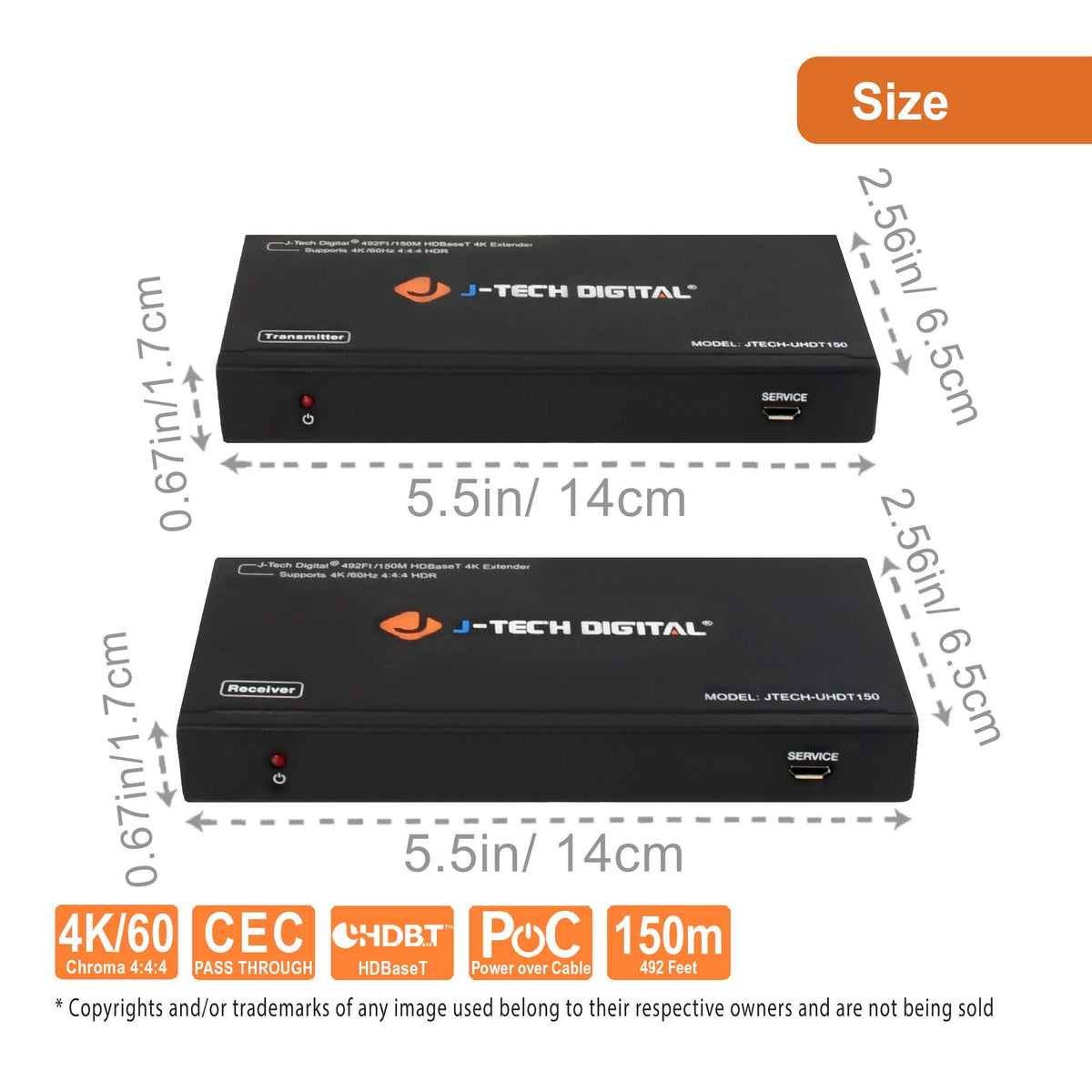 J-Tech Digital UHDT150 transmitter loop-out connects to a display from the source.