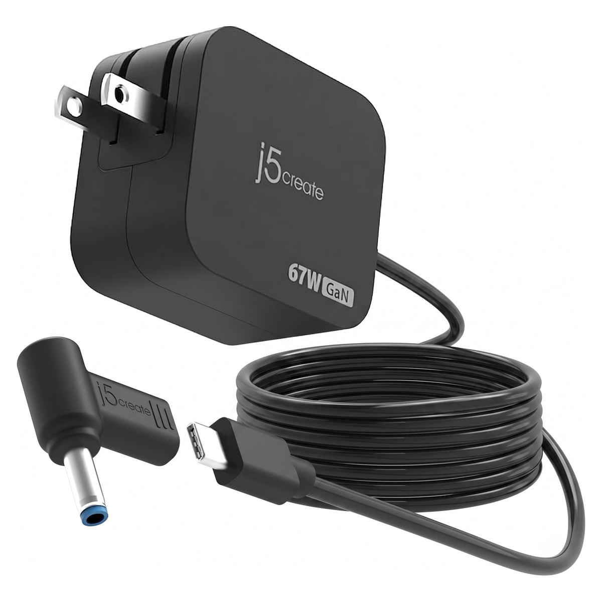 j5create 65W GaN PD USB-C charger with foldable plug for travel and fast charging.