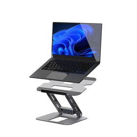 j5create front view showing laptop on riser and tidy desk benefit