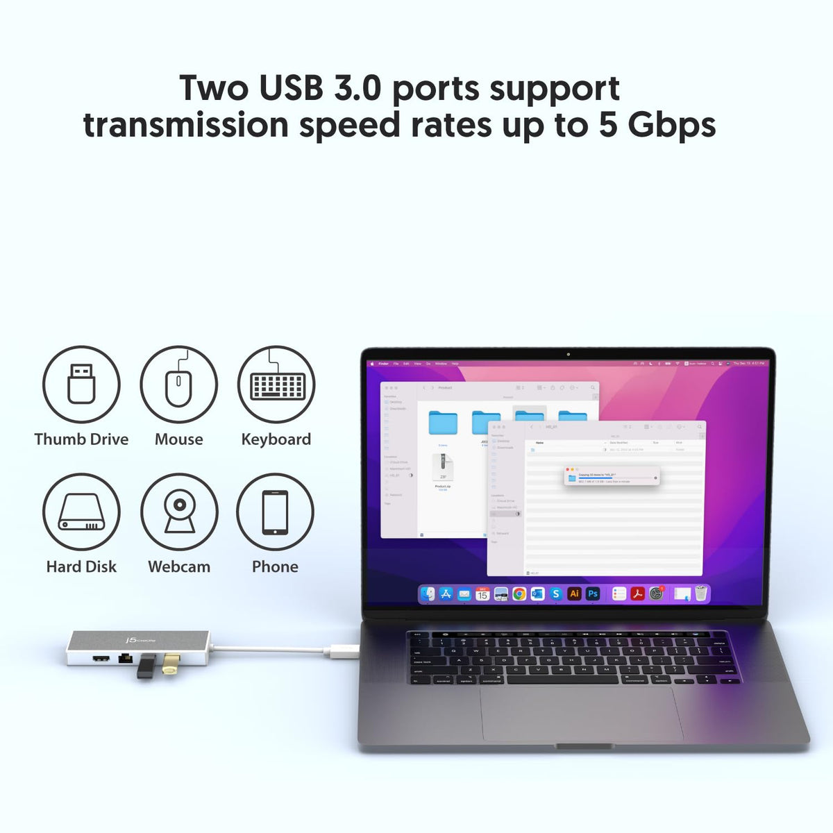 j5create hub linked to monitor via HDMI for crisp 2K-capable video output