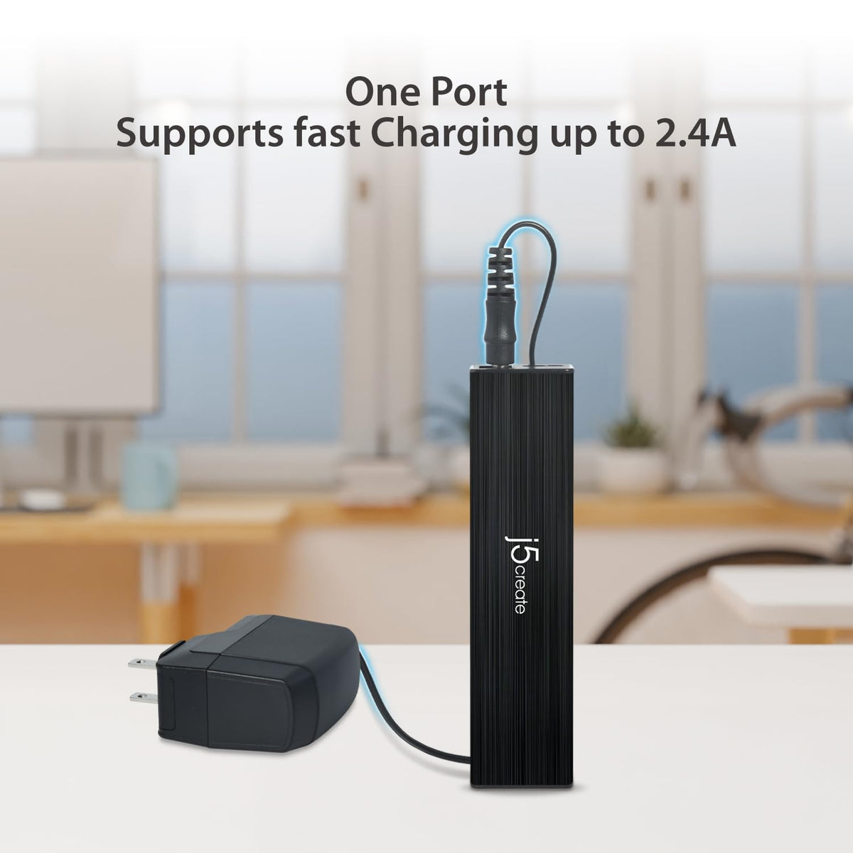 j5create hub charging a smartphone from fast-charge port to demonstrate quick charging benefit
