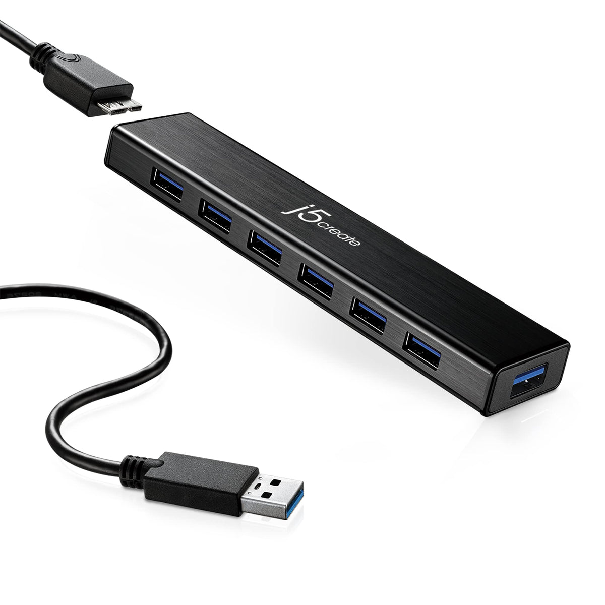 j5create 7-port hub front view showing ports and slim aluminum housing for tidy expansion