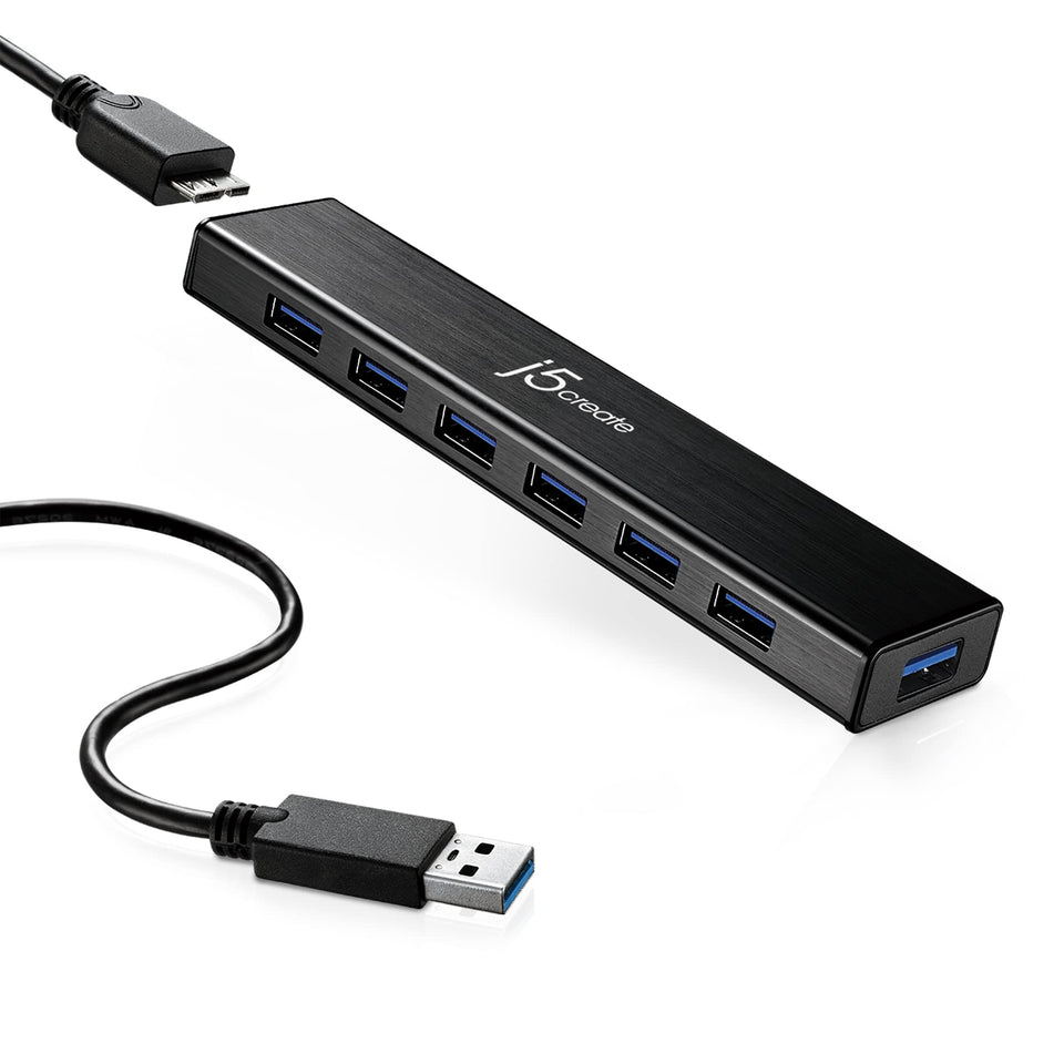 j5create 7-port hub front view showing ports and slim aluminum housing for tidy expansion