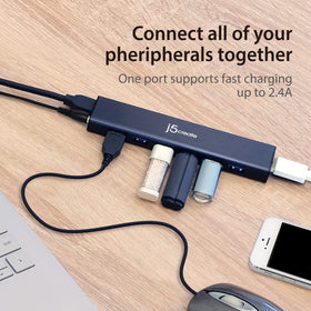j5create hub with 20W power adapter plugged in showing self-powered support for heavy devices