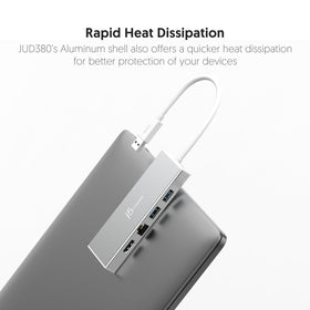 j5create hub size comparison with phone illustrating compact portability