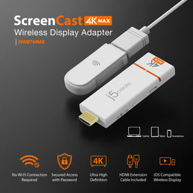 j5create ScreenCast 4K Max universal compatibility with AirPlay, Miracast, and Chromecast.