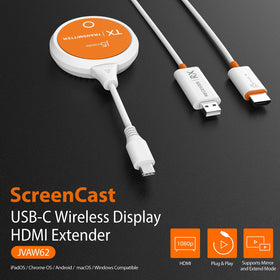 j5create ScreenCast HDMI receiver plugged into a TV for wireless streaming