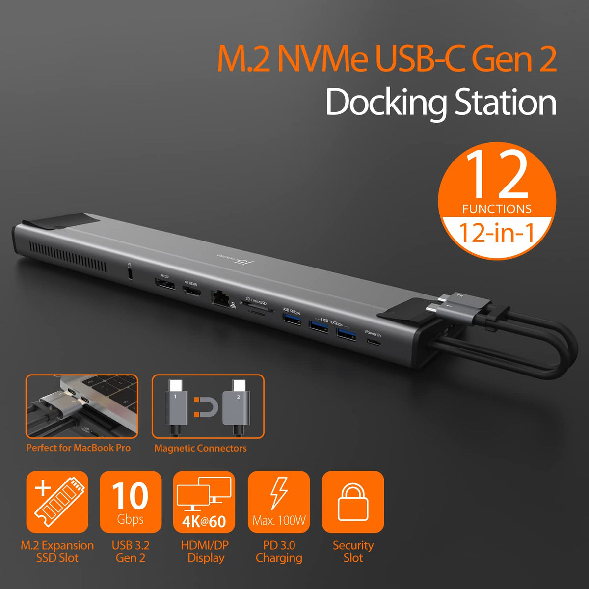 j5create built-in M.2 slot expands storage with fast NVMe or SATA options.
