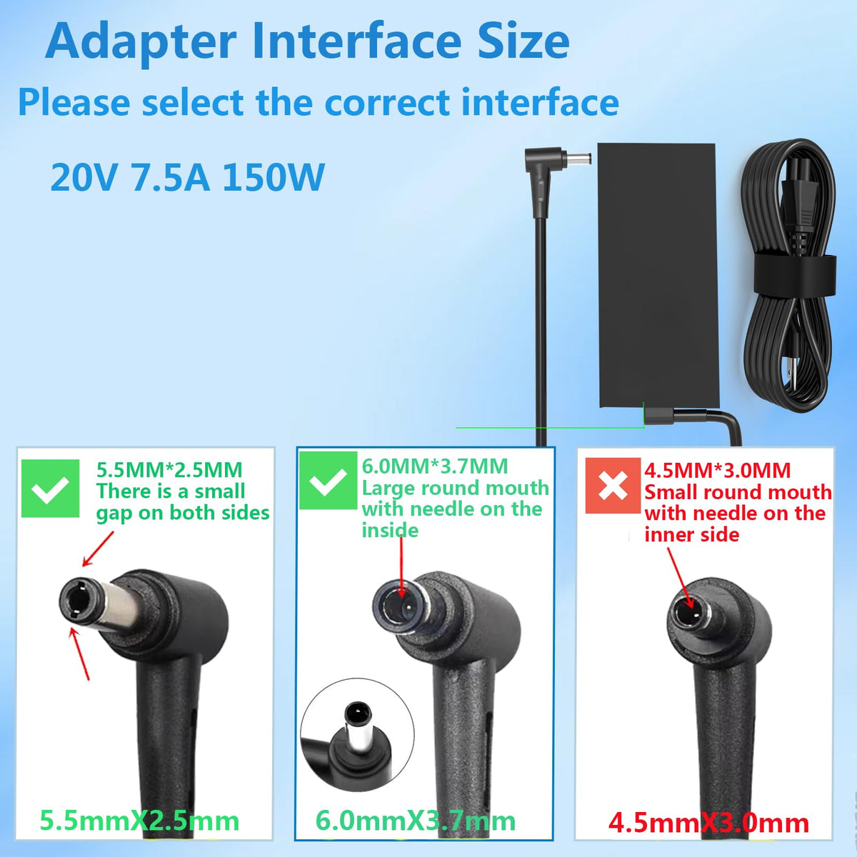 JAART adapter label showing 20V 7.5A 150W specifications for safety