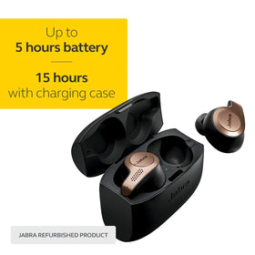 Jabra Elite 65t charging case open with earbuds, compact power on the go