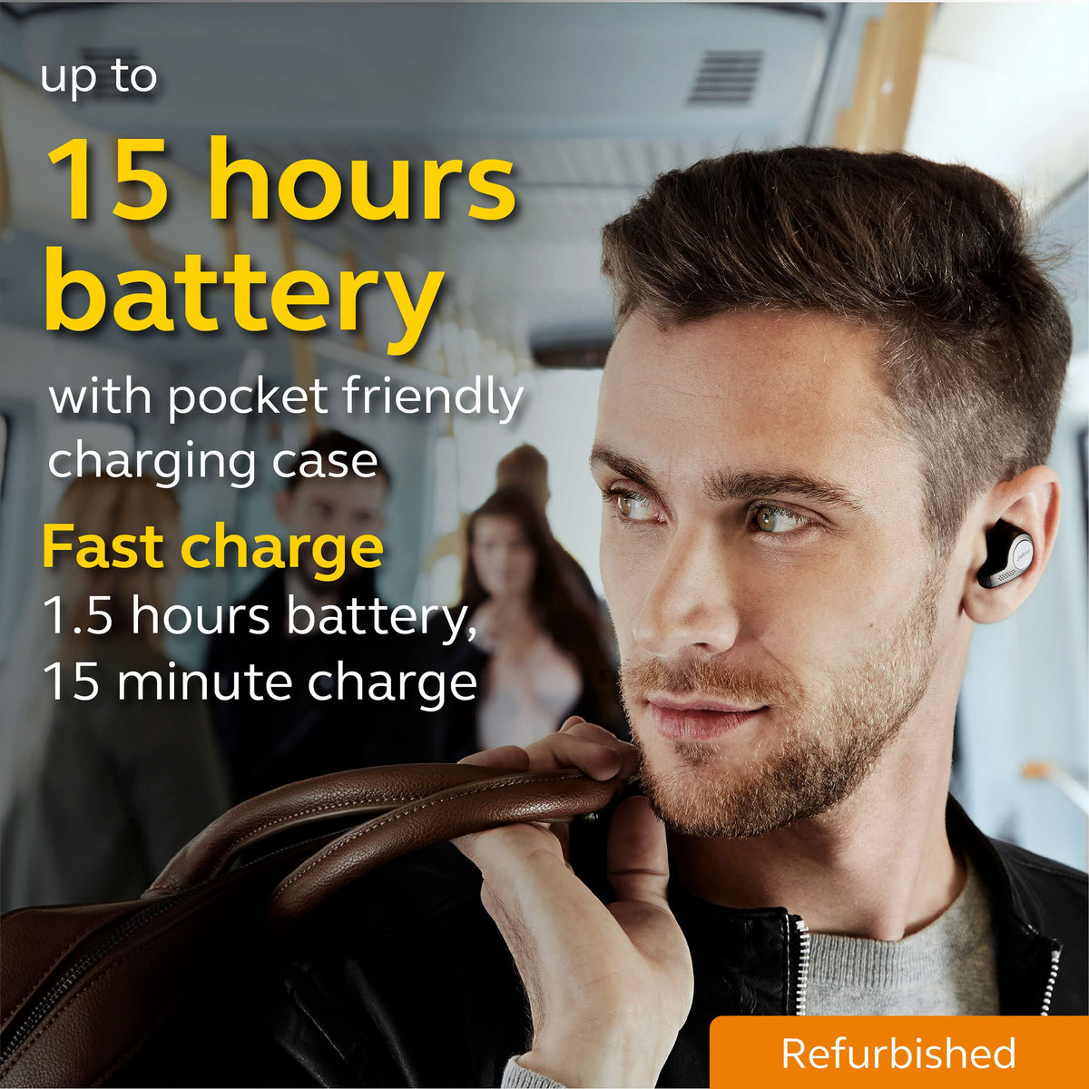 Jabra Elite 65t charging case open displaying earbuds and compact pocket-friendly storage benefit