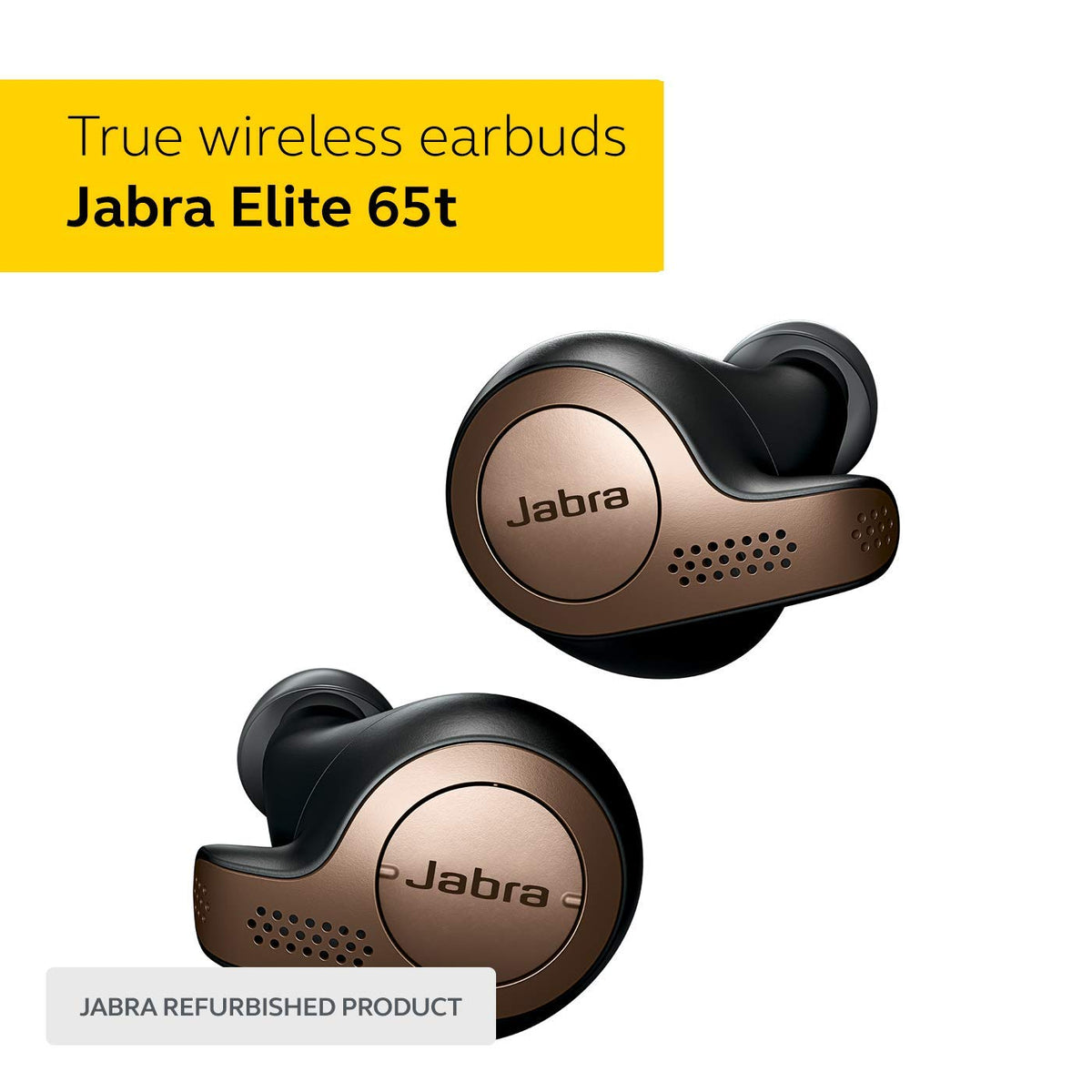 Jabra Elite 65t earbud close-up showing texture and secure fit benefit