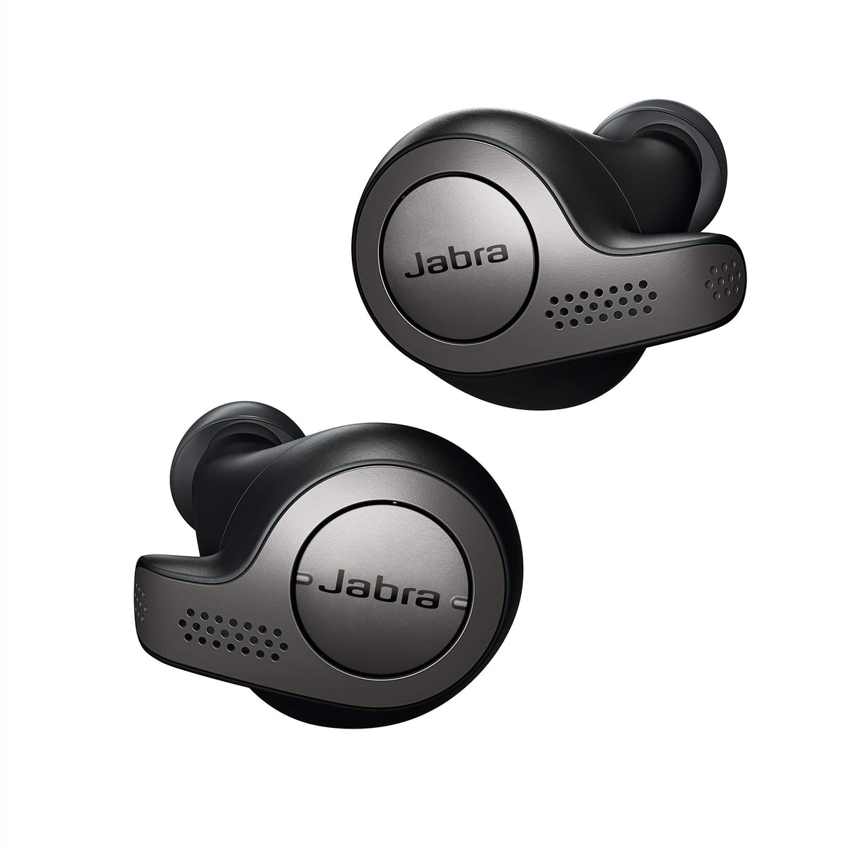Jabra Elite 65t front view showing Titanium Black earbuds and branding for confident first impression