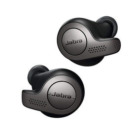 Jabra Elite 65t front view showing Titanium Black earbuds and branding for confident first impression