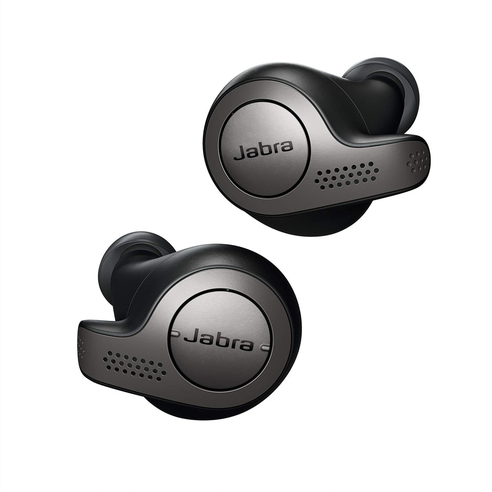 Jabra Elite 65t front view showing Titanium Black earbuds and branding for confident first impression