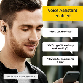 Jabra Elite 65t next to smartphone showing pocket-friendly scale benefit
