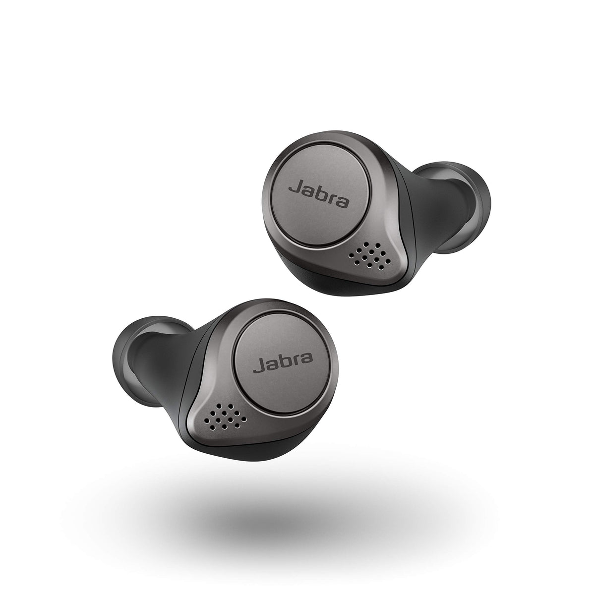 Jabra Elite 75t Titanium Black earbuds, front view, secure fit for workouts.