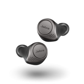 Jabra Elite 75t Titanium Black earbuds, front view, secure fit for workouts.