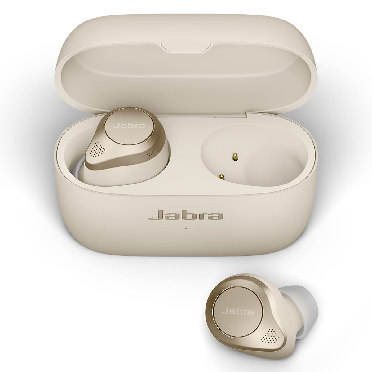 Jabra Elite 85t charging case open showing compact design for quick recharges