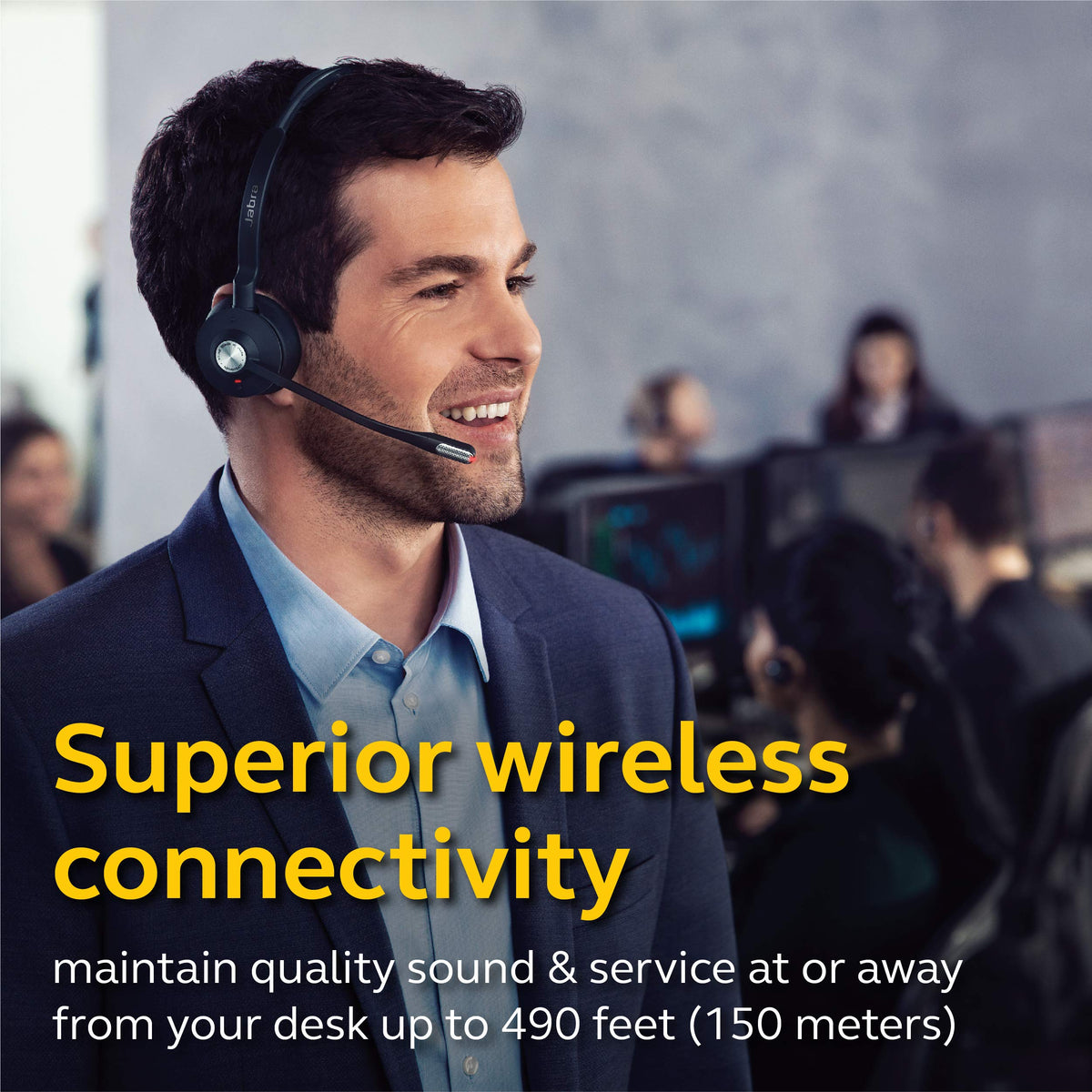 Jabra Engage 65 showing 150m range for flexible movement