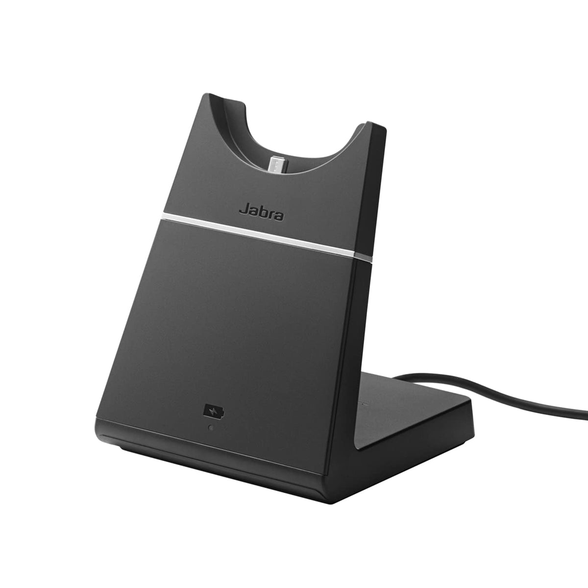 Jabra Evolve 75 charging stand on desk enables quick charging and organization.