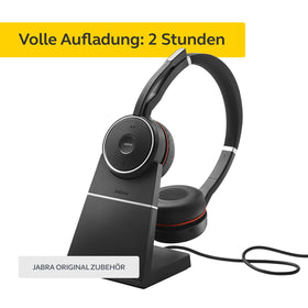Jabra Evolve 75 desk-ready stand keeps headset charged and within reach.