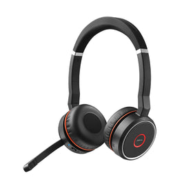 Jabra Evolve 75 SE headset on ears with cushioned comfort for long calls.
