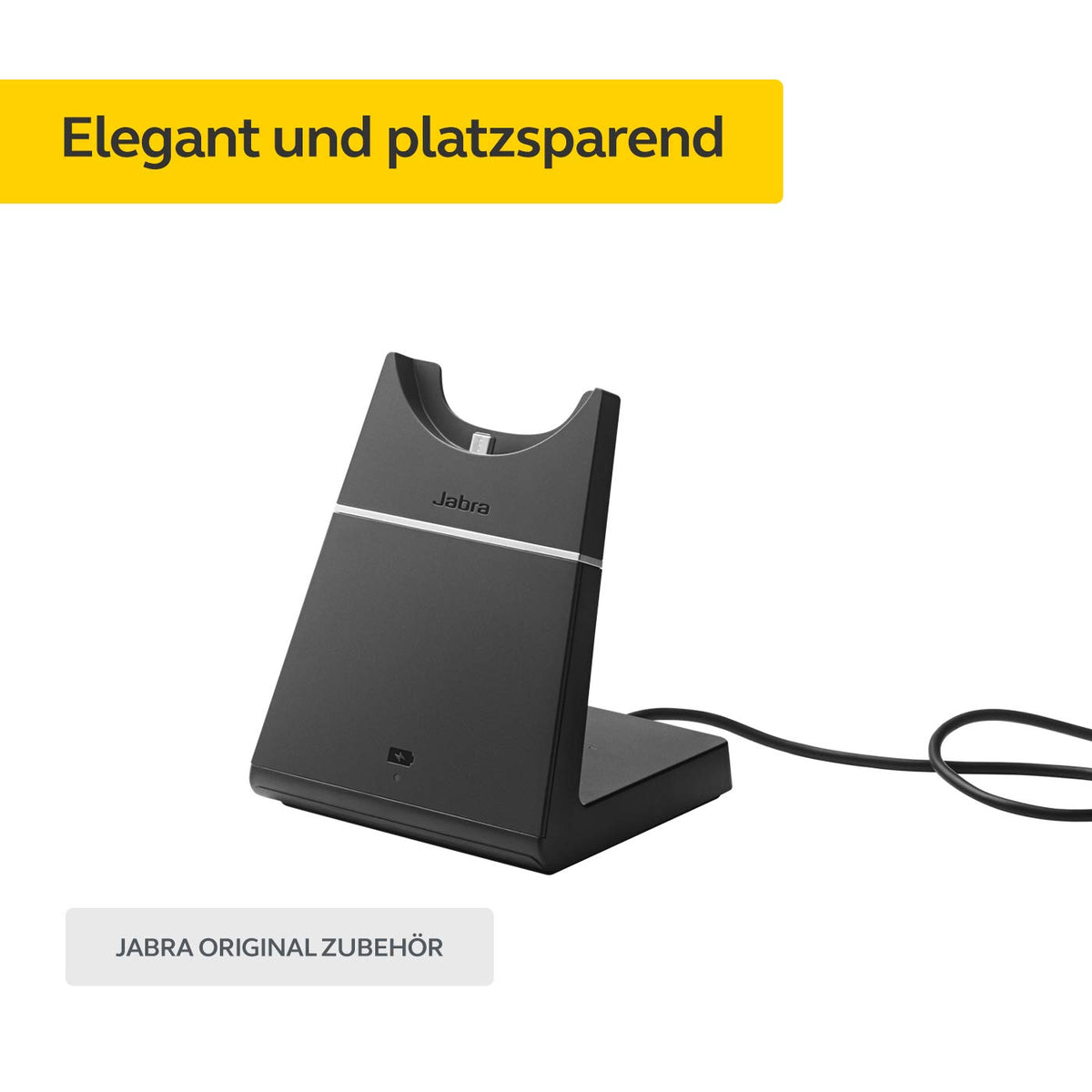 Jabra Evolve 75 stand demonstrates compact form with easy headset access.