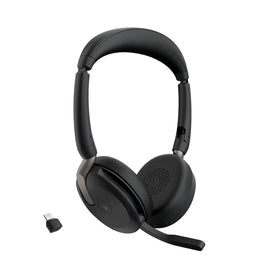 Jabra Evolve2 65 Flex headset folded for travel, easy portability.