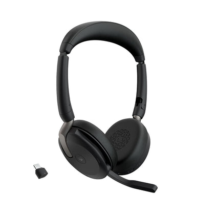 Jabra Evolve2 65 Flex headset folded for travel, easy portability.