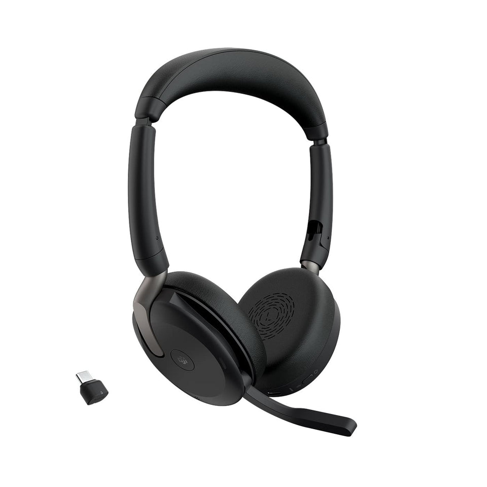 Jabra Evolve2 65 Flex headset folded for travel, easy portability.