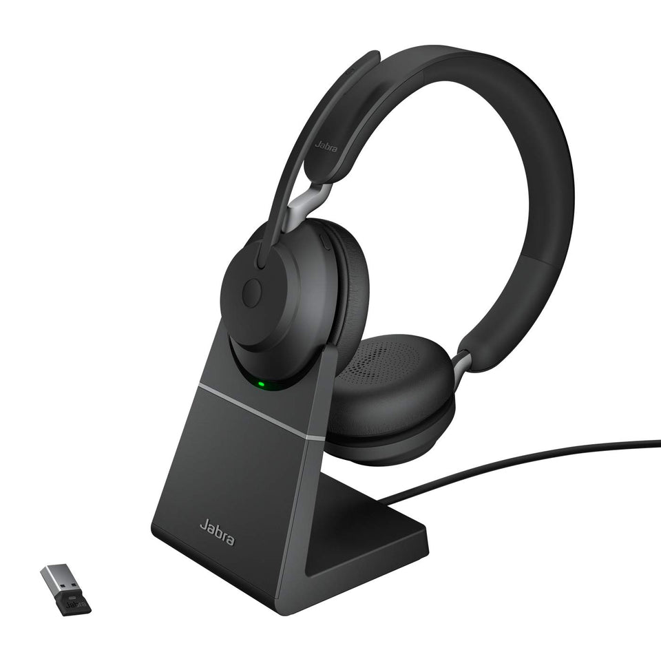 Jabra Evolve2 65 headset front view for focused calls and music.