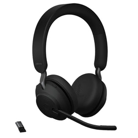Jabra Evolve2 65 headset on desk for flexible wireless calls.