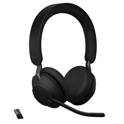 Jabra Evolve2 65 headset on desk for flexible wireless calls.