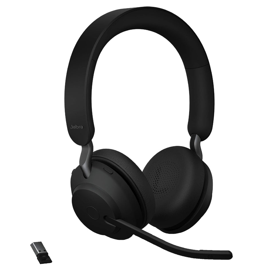 Jabra Evolve2 65 headset on desk for flexible wireless calls.