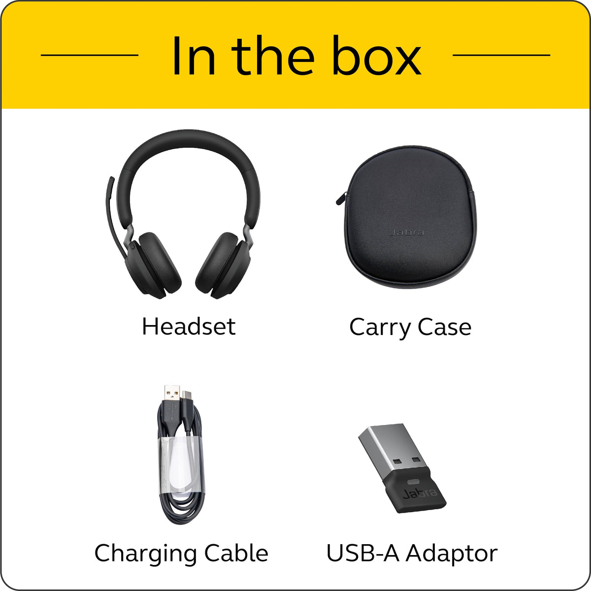 Jabra Evolve2 65 Link 380a USB adapter enables plug-and-play connectivity.