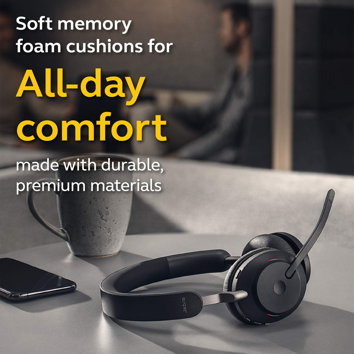 Jabra Evolve2 65 memory foam cushions provide all-day comfort.