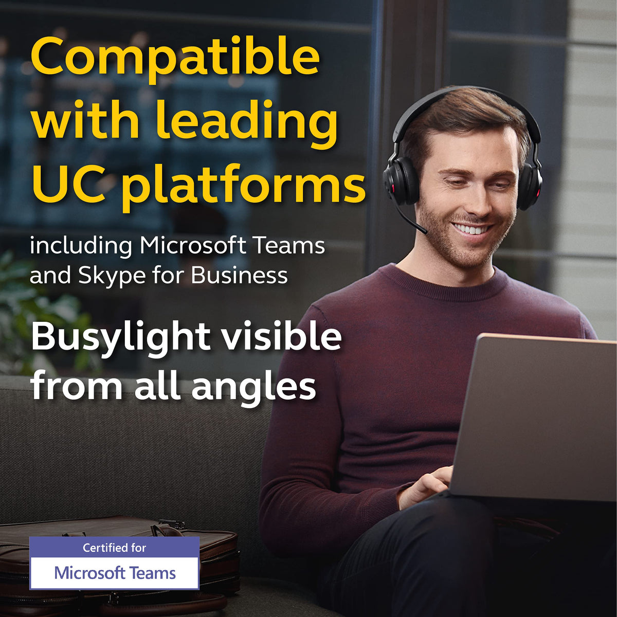 Jabra Evolve2 65 triple-mic array improves call clarity in busy environments.