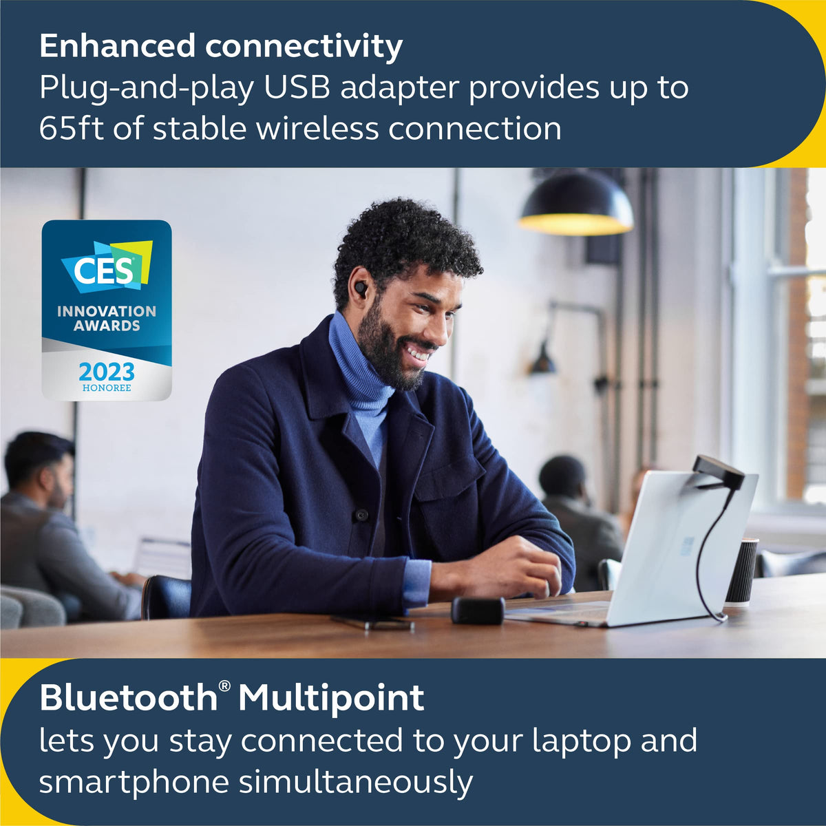 Jabra Evolve2 true wireless earbuds with multipoint connection for easy device switching.