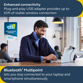 Jabra Evolve2 true wireless earbuds with multipoint connection for easy device switching.