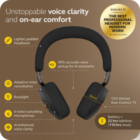 Folded in case: Jabra Evolve3 75 on-ear headset for easy portability.