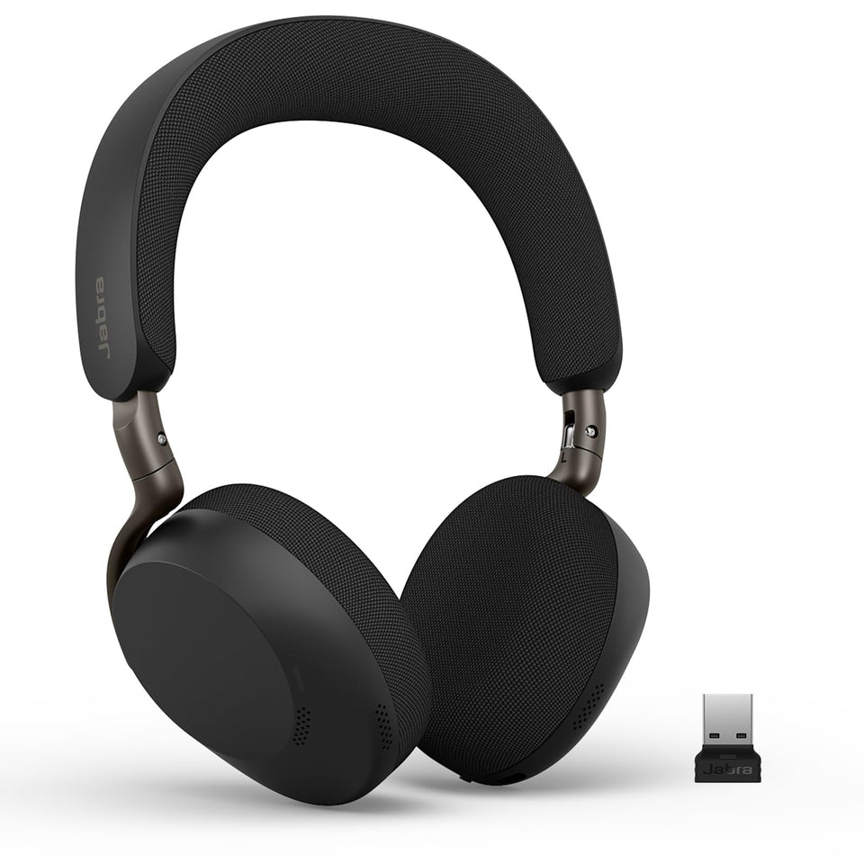Jabra Evolve3 75 on-ear headset front view shows professional, clear voice focus.