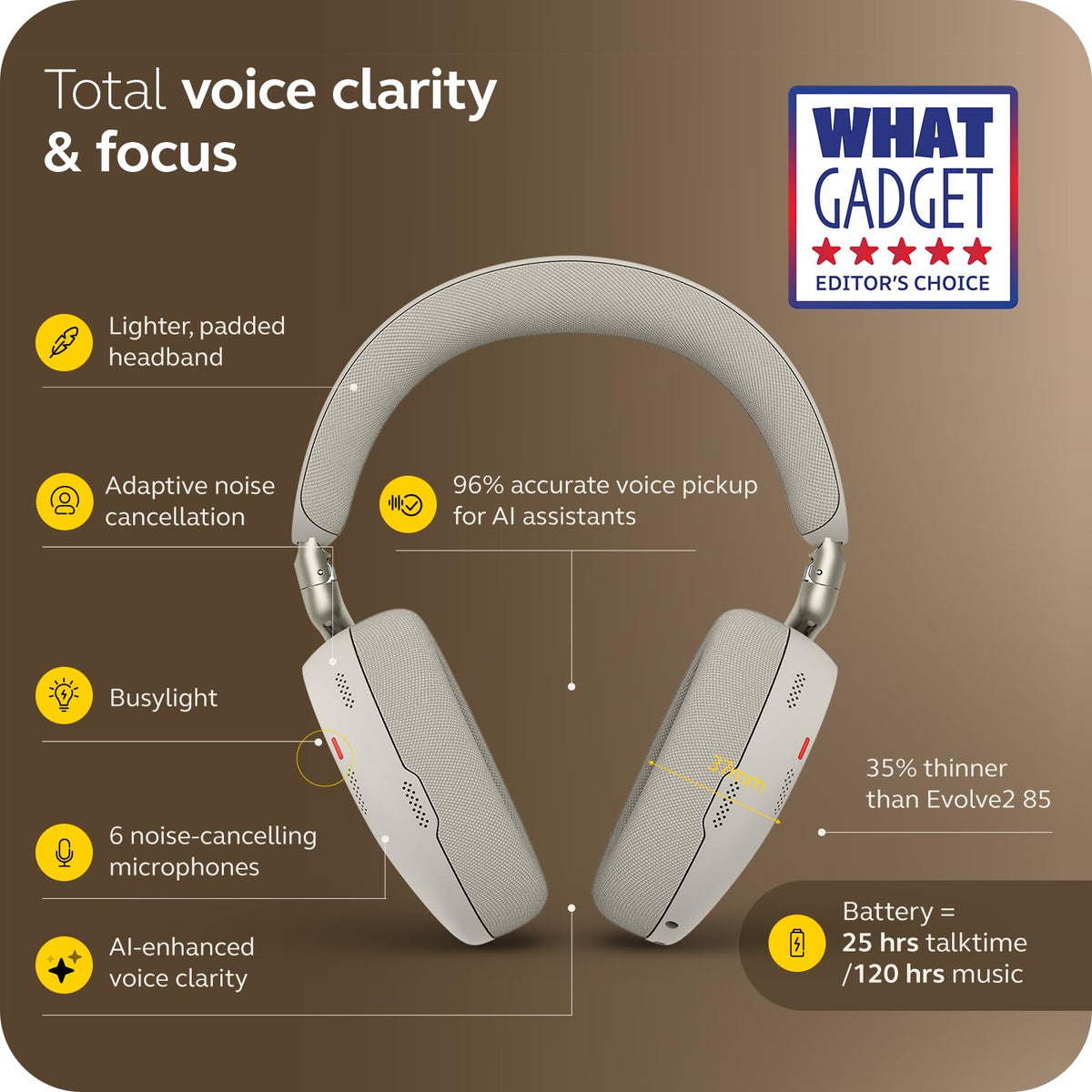 Jabra Evolve3 85 adaptive ANC reduces distractions during calls and work.