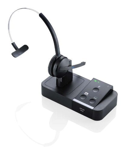Jabra PRO 9450 mono midi-boom headset on desk for professional calls with clarity