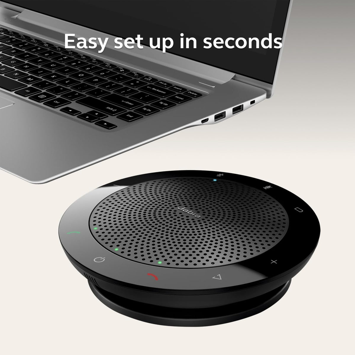 Jabra Speak 510 in-table use showing wide pickup for group calls.
