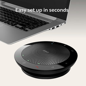 Jabra Speak 510 in-table use showing wide pickup for group calls.